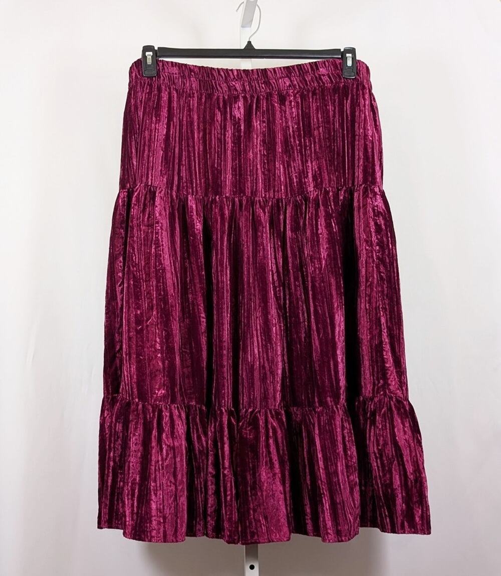 Vintage 80s Skirt Burgundy Velour Tiered Midi Women's Size 3X